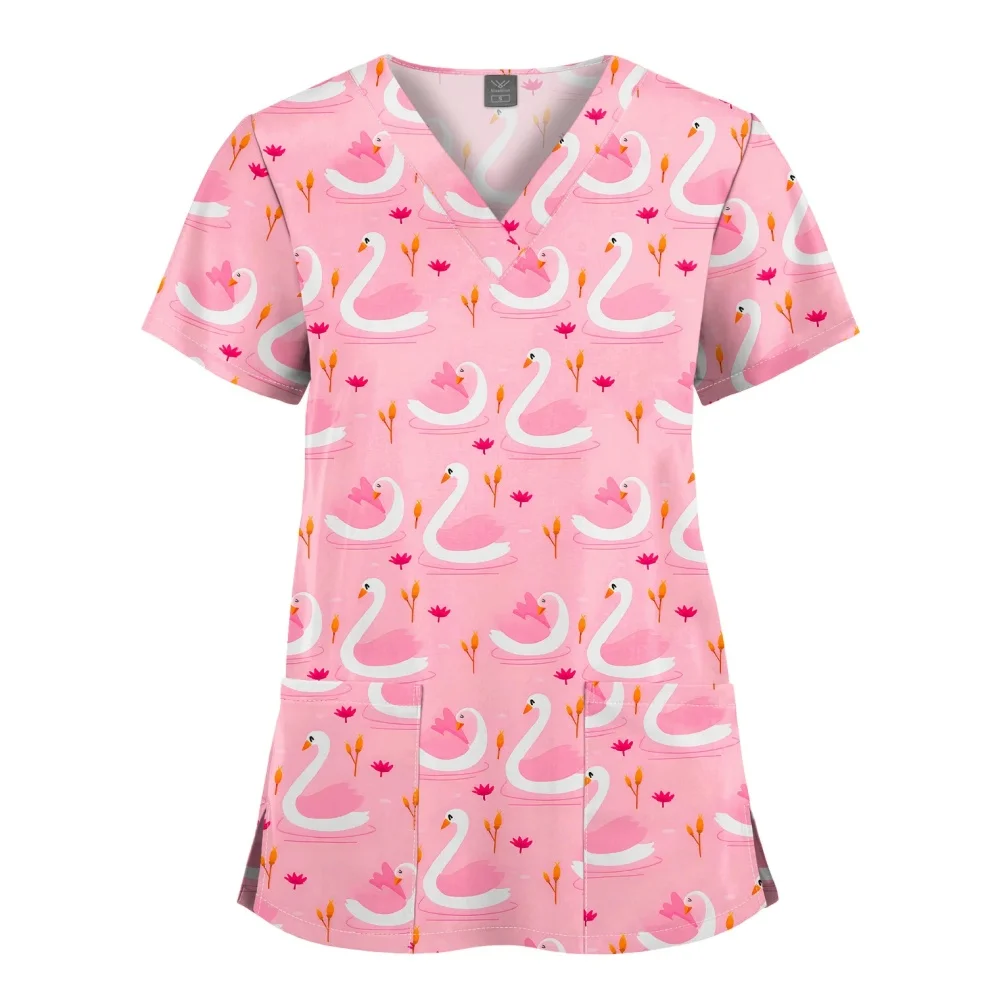 Cartoon Print Pet Doctor Blouse Nurse Uniform Unisex Short Sleeve Hospital Work Tops Surgical Uniforms Nursing Silks Tops Women