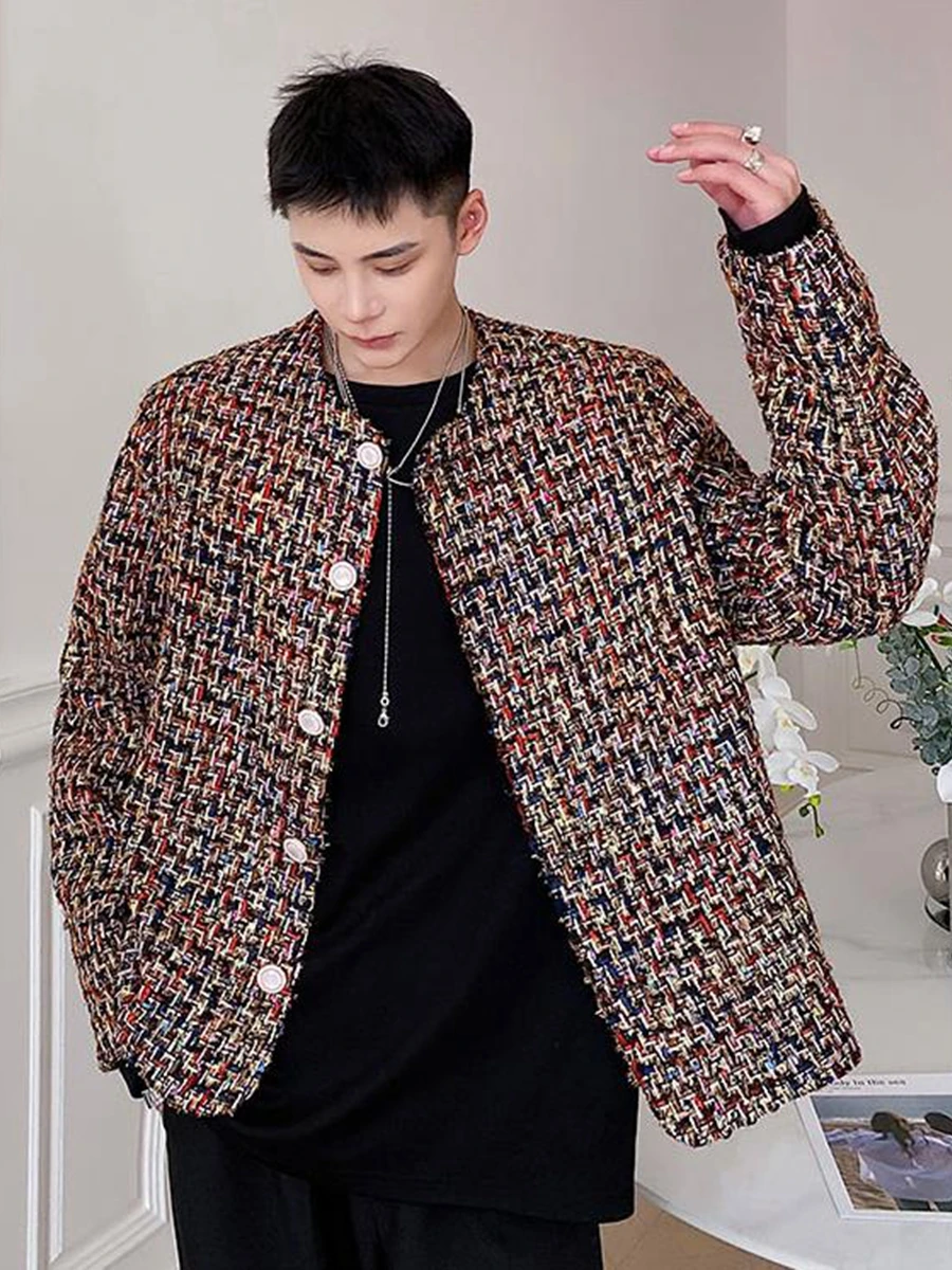 

Retro Ele Men's Spring Autumn 2024 New Sle Small Fraance Sle Jaet No Collar Thi Tweed Top Coat Single Button