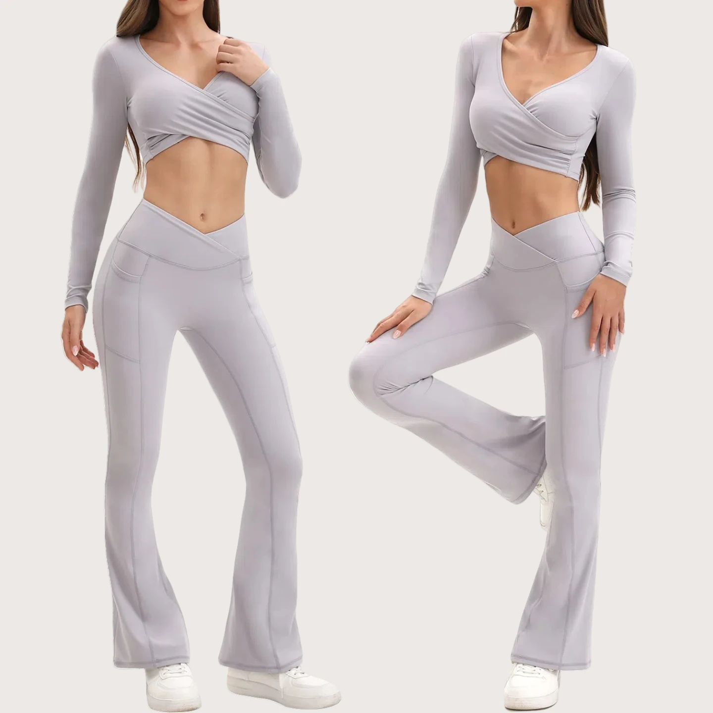 

Women's Sexy Cross V-Neck Yoga Set Long Sleeve Top & Flared Pants High Stretch Solid Color Workout Outfits Gym Daily Wear