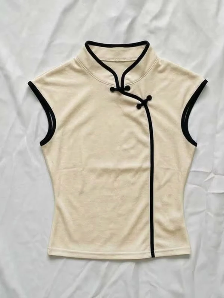 Fashion Trend Qipao Sleeveless Top White Edge Trim Chinese Knot Closure Stretch Daily Casual Subculture Slim-fit Vintage Shirt