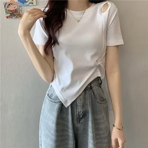 New Summer Fashion Y2K T-shirt Woman Hollow Out Sexy Crop Top High Waist Short Sleeve Tee Shirt Women Pleated Clothes Kpop