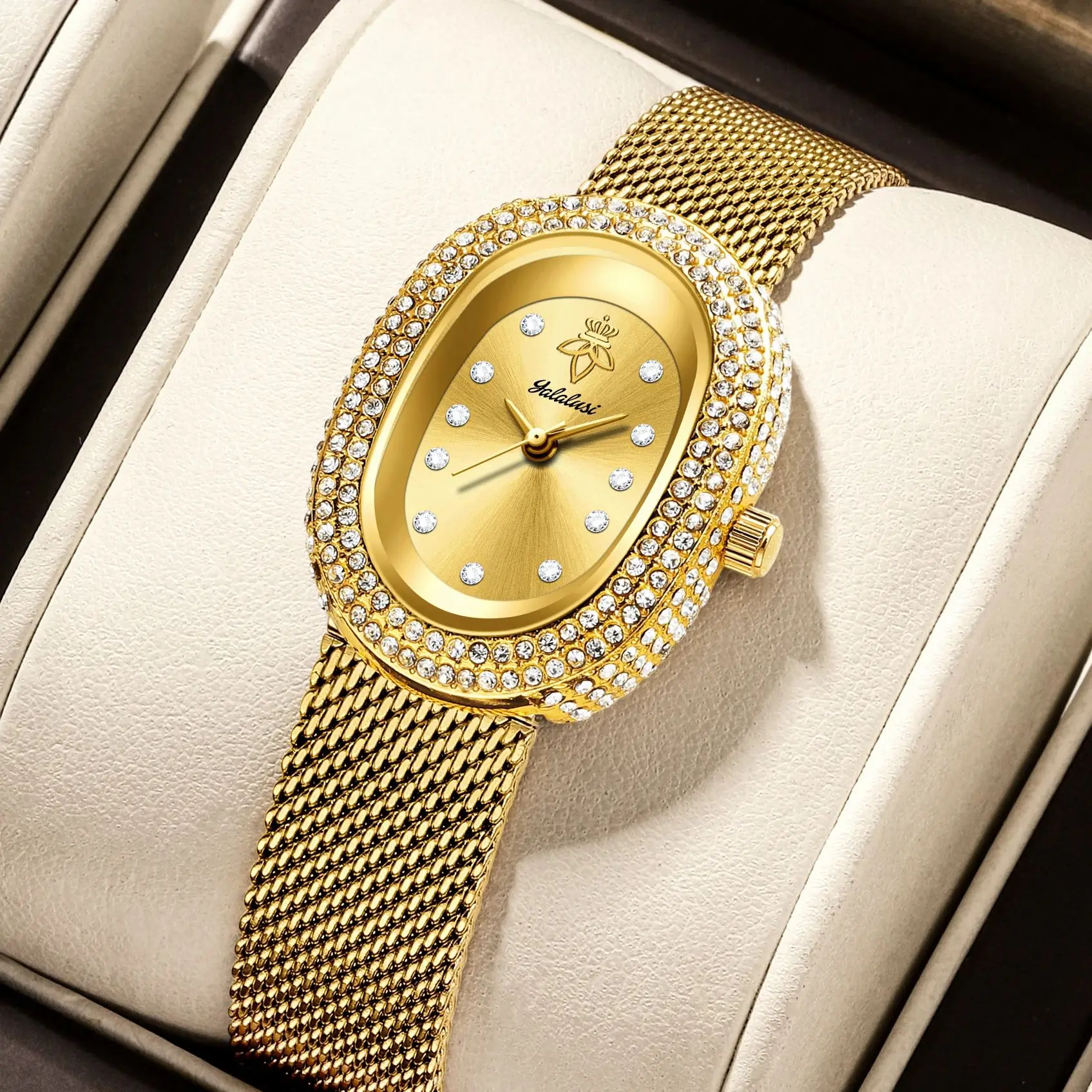 

YaLaLuSi модные брендовые женские кварцевые часы с овальным циферблатом и стразами, ультратонкий тканый браслет, роскошные сто подарков