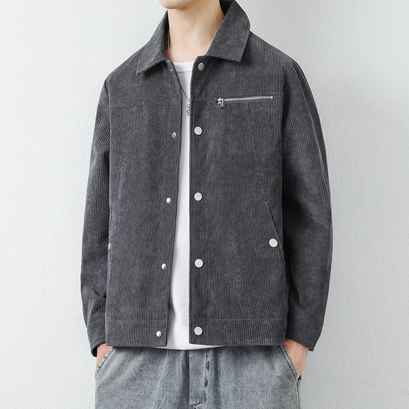 New Korean Spring Autumn Youth Fashion Versatile Corduroy Jacket Men'S Single Breasted Loose Casual Collar Business Style Coat