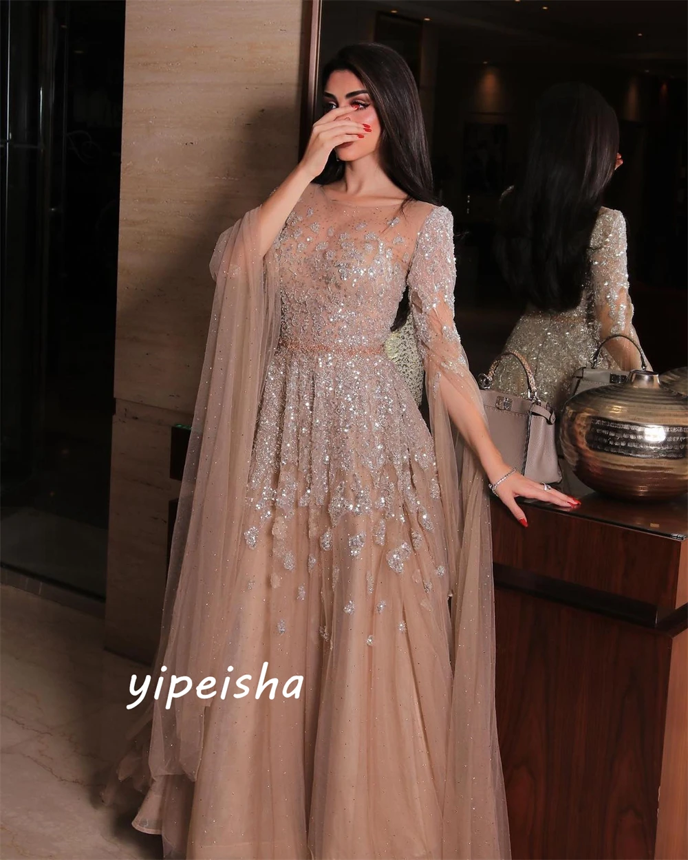 Customized Intricate Sparkle Jewel A-line Party Dresses Beading Paillette / Sequins Organza Evening Saudi Arabia