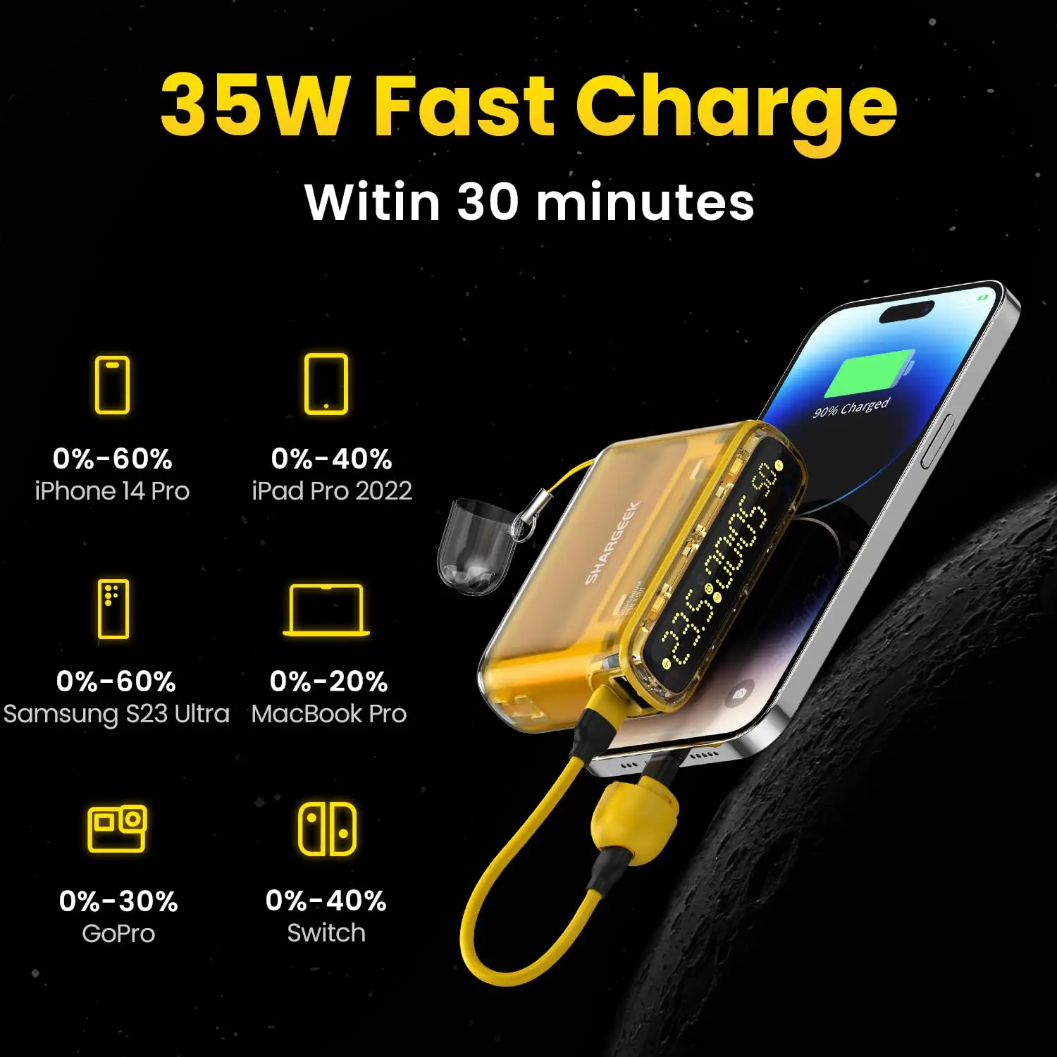 SHARGE PowerBank 10000mAh PD 35W  Portable Charger with USB-C Lightning Cable Spare Battery Compatible for iPhone 15/Samsung S22