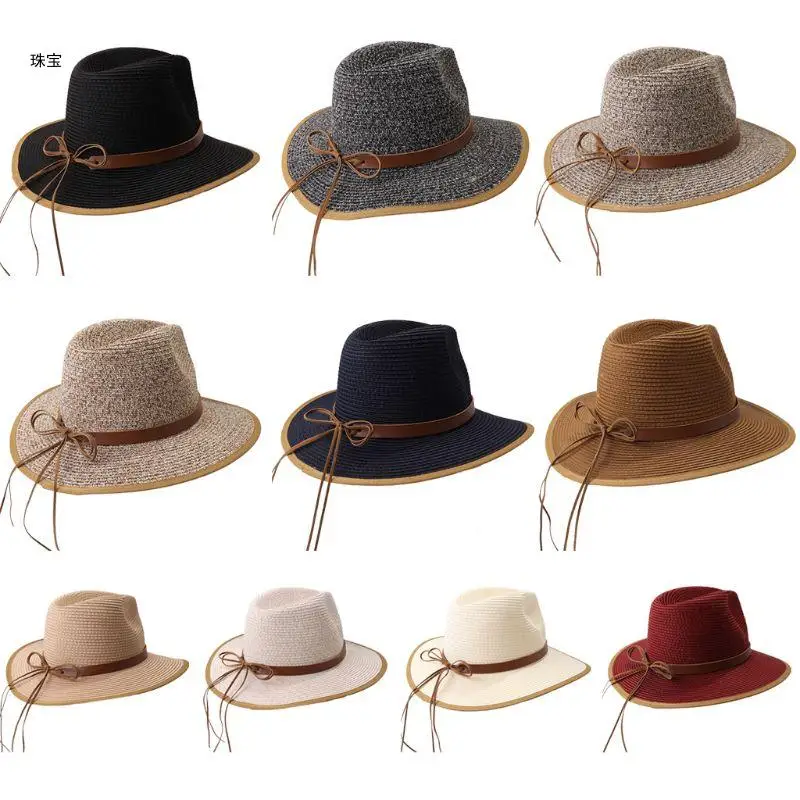 

X5QE British Women Woven for Sun Visor Hat Faux Leather Ribbon Bowknot Contrast Color Wide Brim Cone Fedora Beach