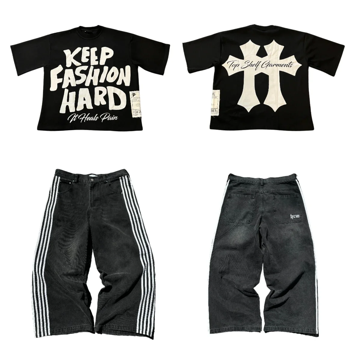 HCW and 3hard Two Piece Set Graphic Stripe Jeans Y2K Black Jeans Harajuku Skate Pants Tracksuit t shirt for men Streetwear