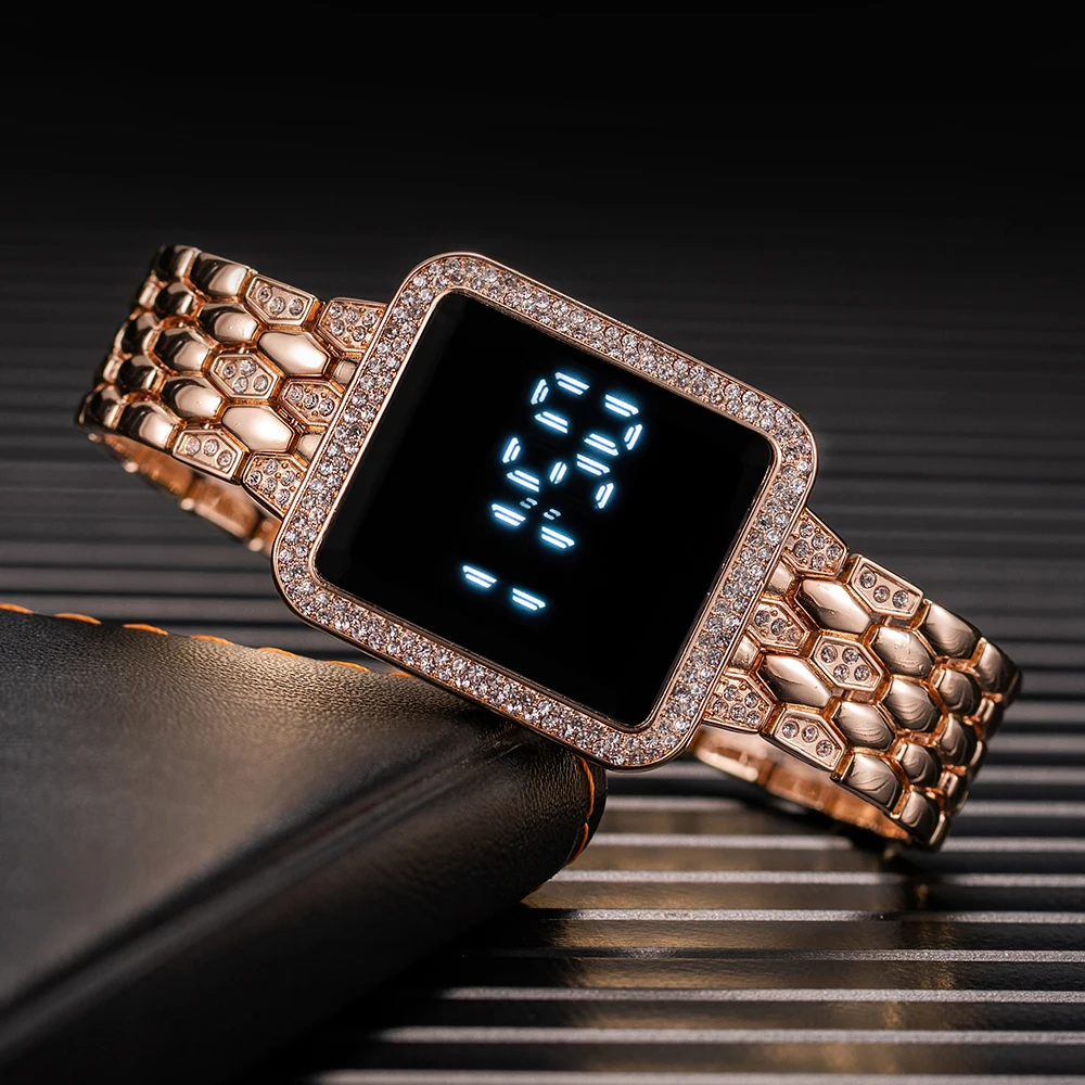 Luxury Rhinestone Digital Watch for Women Simple Touch Screen LED Watch Fashion Steel Strap Rose Gold Ladies Watch Reloj Mujer