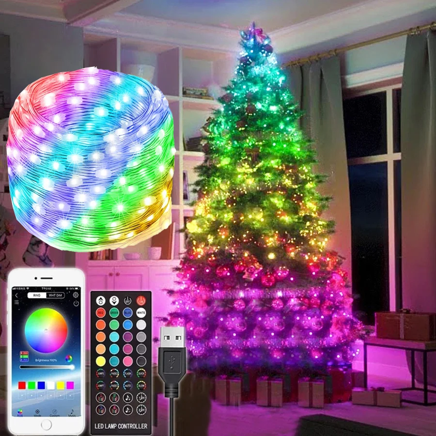 Guirxiété lumineuse USB intelligente pour sapin de Noël, fil de cuivre RVB, décoration de guirxiété, nickel é, contrôle d'application, fête de mariage, extérieur, nouveau, 20m, BT