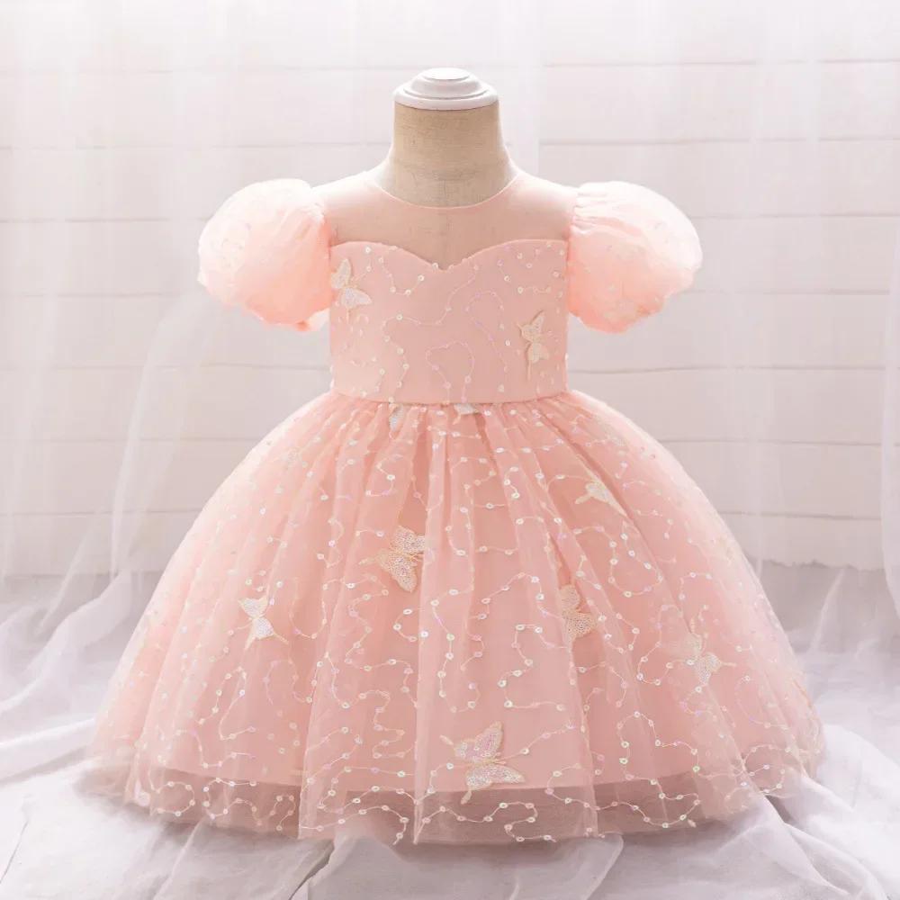 Summer Pink Butterfly Girl Party Dress for Baby Tulle 1st Birthday Princess Prom Gown Toddler Sequin Tutu Kids Clothing Costumes