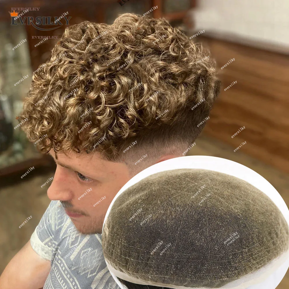 

20mm Curly Ash Blonde Brown Full Swiss Lace Men Toupee Grey 1B65 1B80 Human Hair Wigs Breathable Bleach Knots Capillary Prothesi