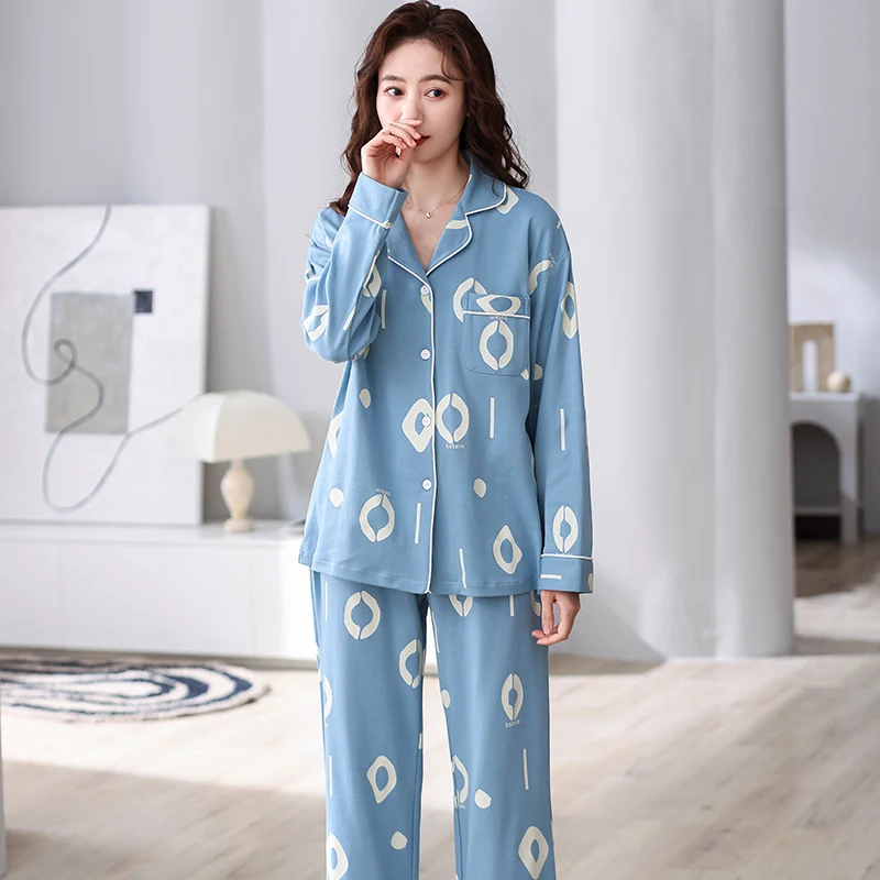 Full pure cotton pijamas women's home wear cardigan long sleeved long pants fashion pattern casual tracksuit women's pajamas