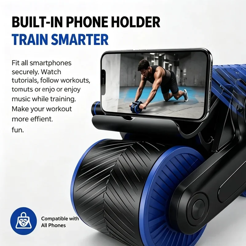 Auto Rebound Double Wheel Ab Roller Non-Slip Design With Phone Holder Core Fitness Gear For Workout Newbies