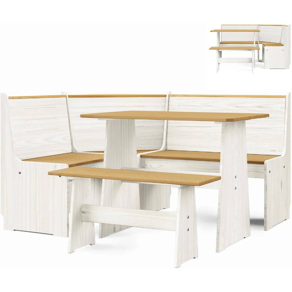 

Kitchen Corner Nook Table Set – White Solid Wood Breakfast Nook Table Set, Space-Saving Corner Bench Dining Set