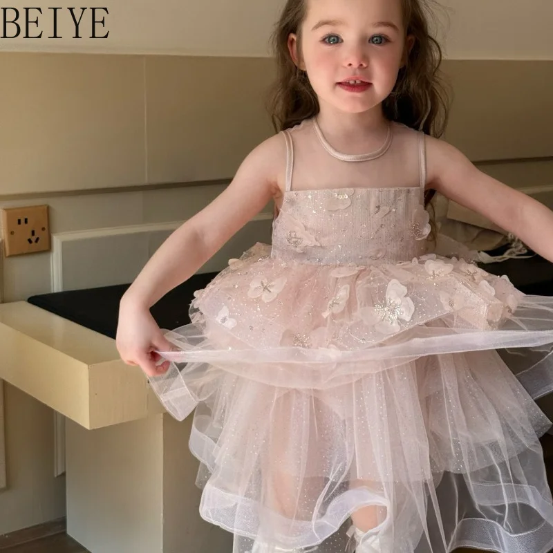 Little Girl Princess Style Mesh Dress Summer Three Dimensional Heavy Industry Butterfly Dress Children Birthday Party Gown Dress