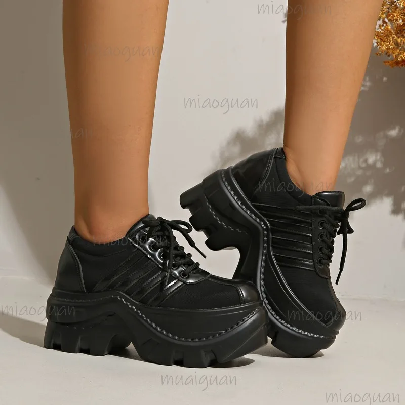 Black Platform Shoes Punk Height Increasing Lace-Up Casual Sneakers for Women Gothic Fashion Footwear Chunky Sole Size 35-42 image 4