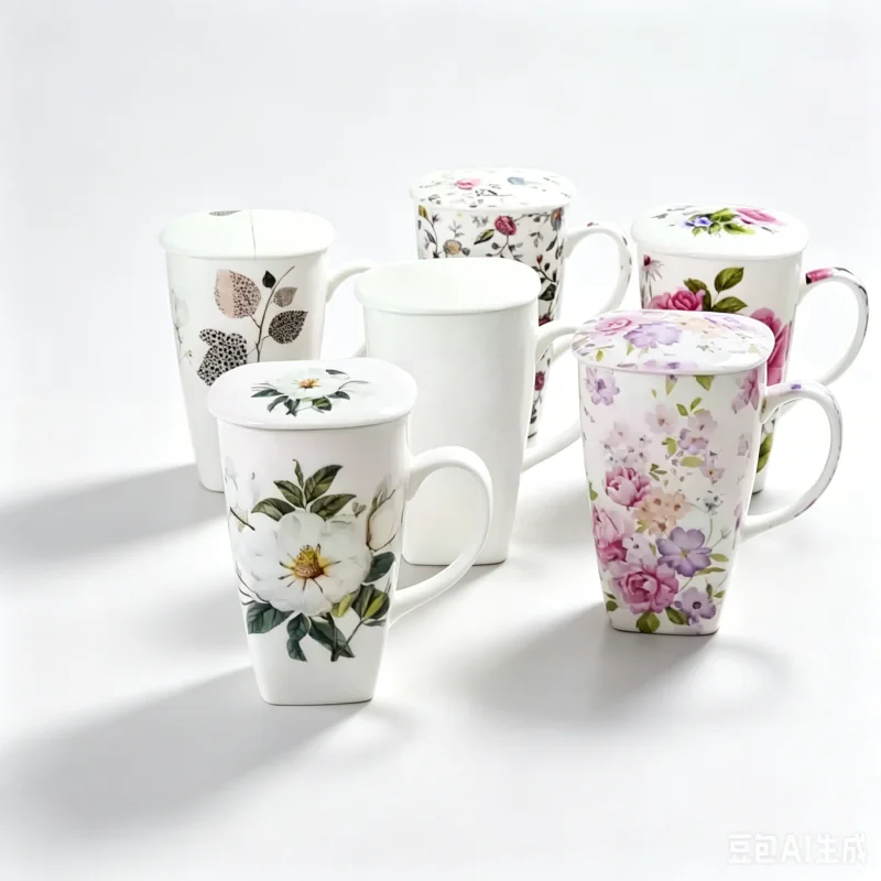 700ML, gobelets en porcelaine véritable avec couvercle, tasse amusante taza café, grandes tasses à café mignonnes peinture florale, tasse en céramique cadeau parfait