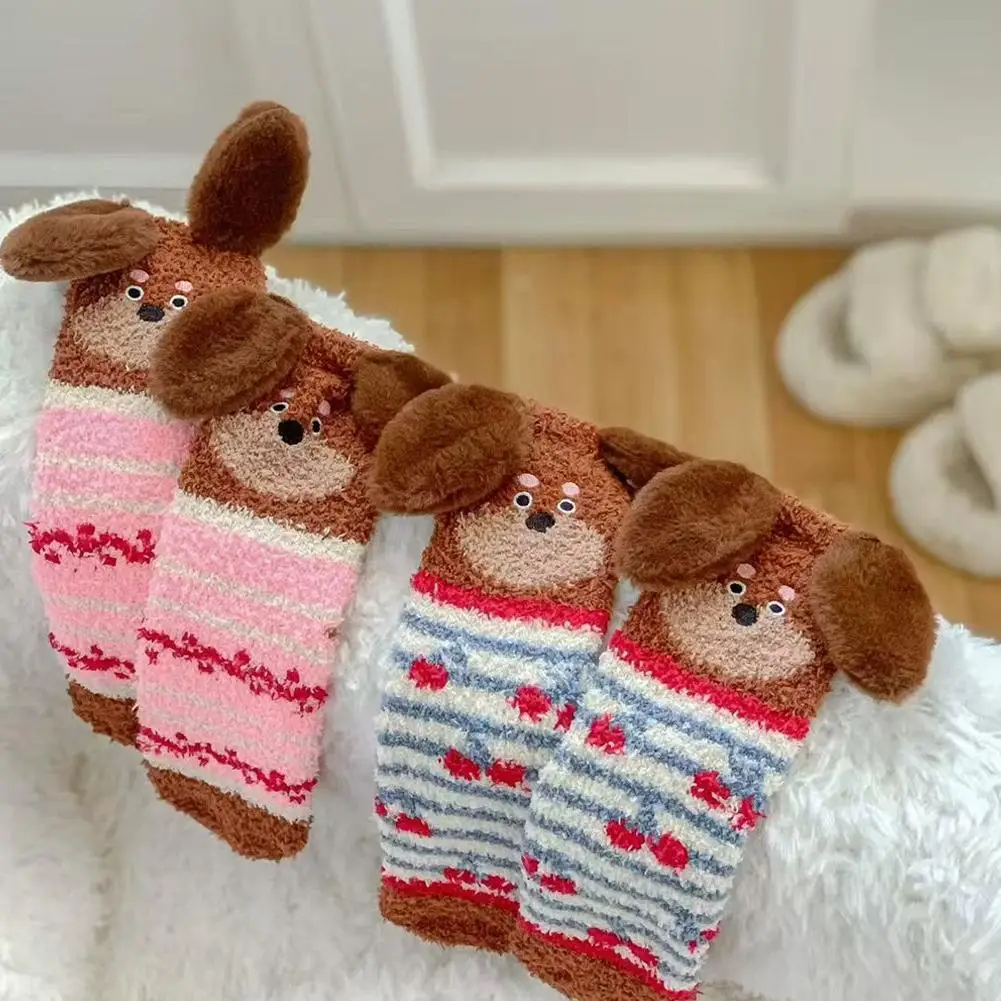 Calcetines para dormir con orejas de perro en 3D de dibujos animados, calcetines de lana Coral, calcetines informales para mujer, calcetines gruesos para el suelo, calcetines divertidos y esponjosos