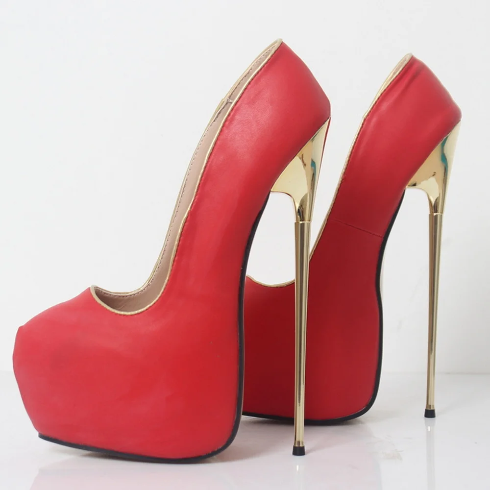 รองเท้าส้นสูงโลหะ 22 ซม., รองเท้าส้นตึกสำหรับผู้หญิง, รองเท้าเต้นรำสำหรับผู้ชายที่ชอบแต่งกายข้ามเพศ, หัวรองเท้าทรงกลม, สวมแบบสลิปออน, สีแดง, สีตามสั่ง