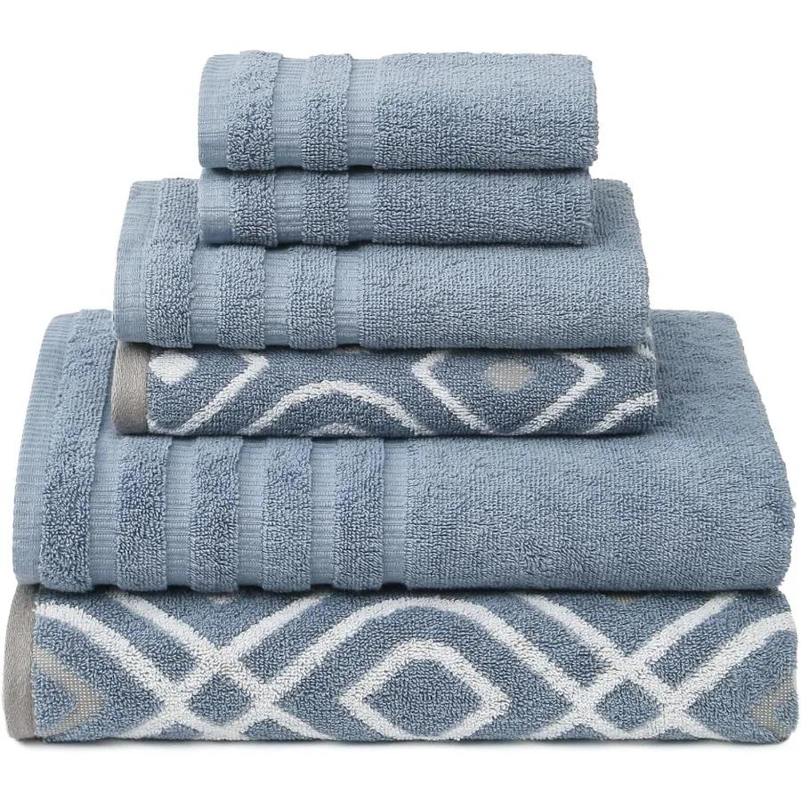 Ox Juego de toallas de algodón 100 de 6 piezas, jacquard teñido con hilo, diseño sólido para uso en el baño, incluye 2 toallas de baño, 2 toallas de mano, 2 toallitas