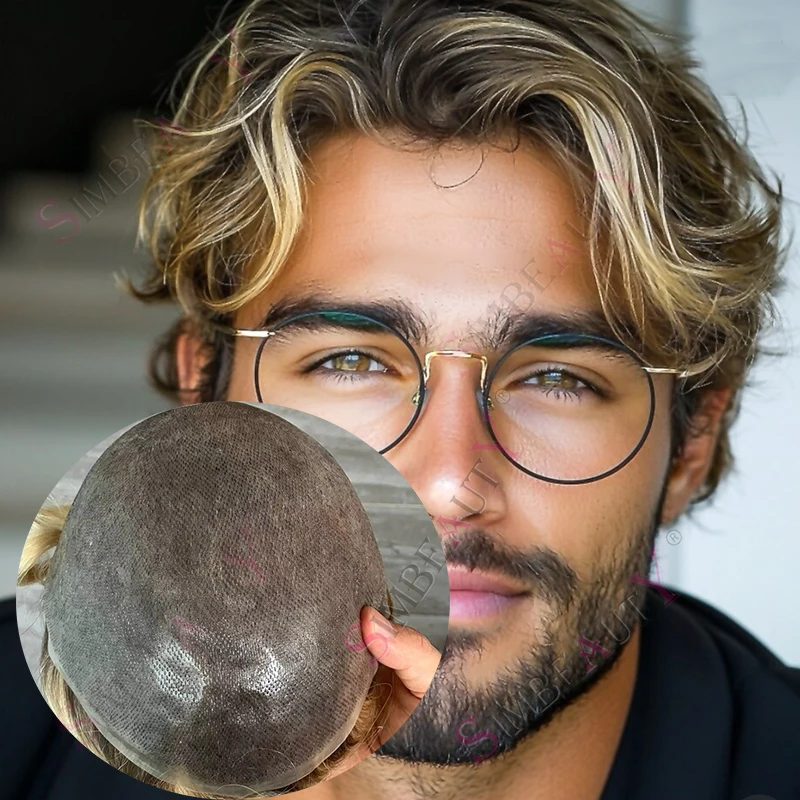 

Мужской парик-система для замещения волос с узловой основой из суперпрочного полиуретана, имитирующий натуральные волосы, омбре блонд, для мужчин с выпадением волос