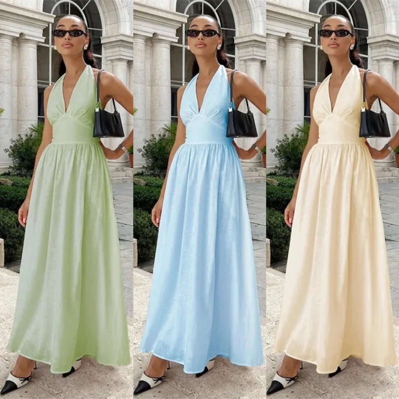 

Spring Summer V Neck Tie Waist Maxi Dress Elegant Cotton Flared Dress Fashionable Women's Casual Solid Color Dress Multi Color