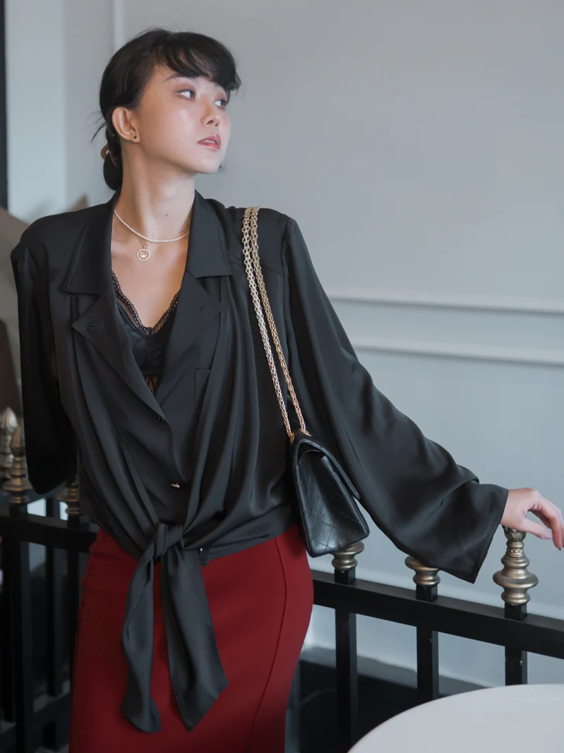 

Женская деловая блузка-имитация двойки из ацетата с V-образным вырезом, позолоченная, с эффектом тяжелой отделки, свободного кроя, с длинными рукавами, в стиле ретро