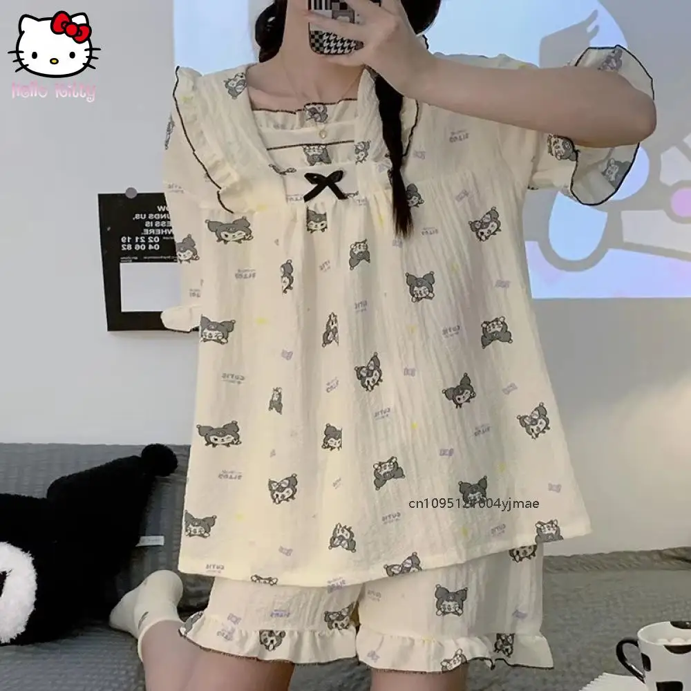 

Sanrio Kuromi Cute Ort Sve Pure Cotton Spwear Cartoon Princ Sle Home Clothes for Girls Summer Kawaii Woman Student Homewear Gift