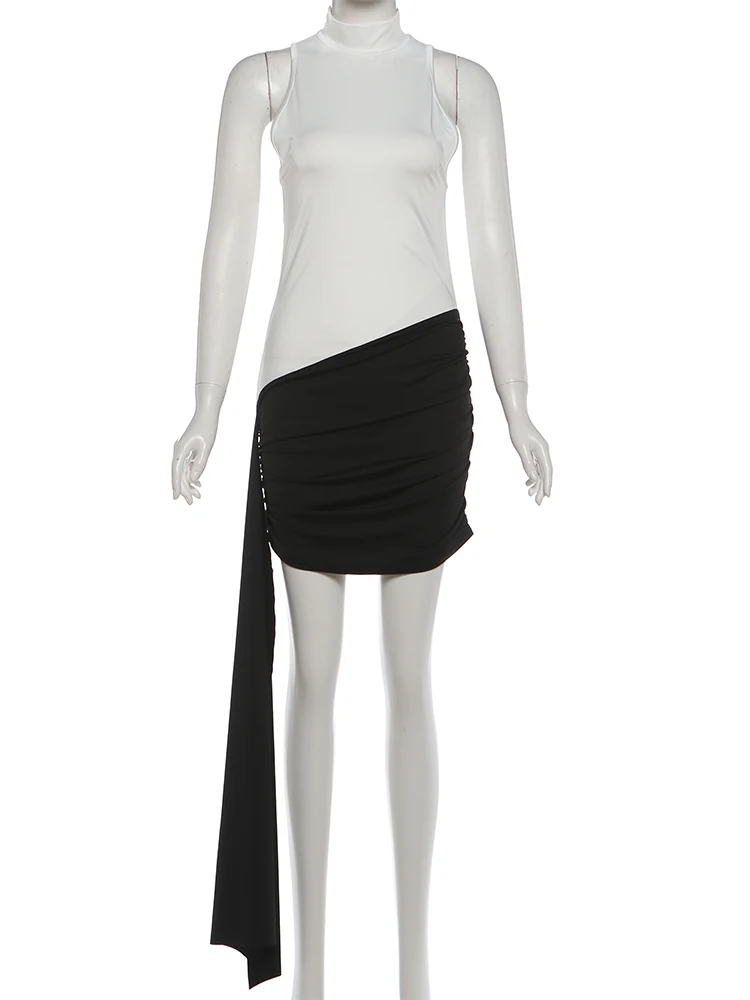 Weird Puss Classic Patchwork Dress Women Sleeveless Half High Collar Irregular Ruched Ribbon Sexy Elegant Stretch Skinny Bodycon