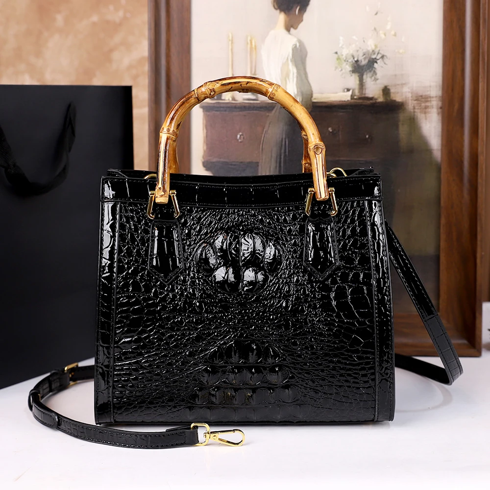 

2025 Crocodile-Patterned Middle-Aged Mom Bag High-End Genuine Bamboo Joint Handle Handbag Single-Shoulder Crossbody Bag