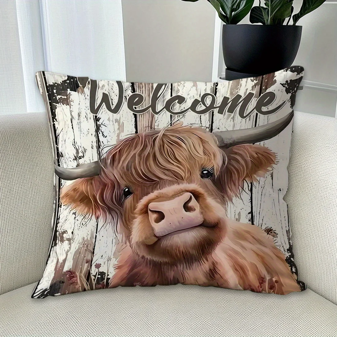 1pc Welcome Highland Cow Throw Pillow Cover,Suitable for Sofa,Bedroom,Living Room,A Heartwarming Gift for Farm Animal Lovers