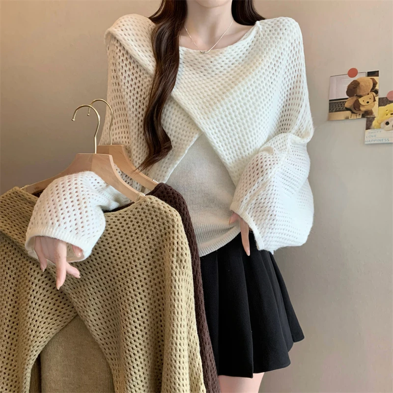 Efek Pelangsingan 2025 Musim Gugur Musim Dingin Desain Korea Baru Rajutan Penutup Bahu Wanita Set Fashion Lengan Panjang...