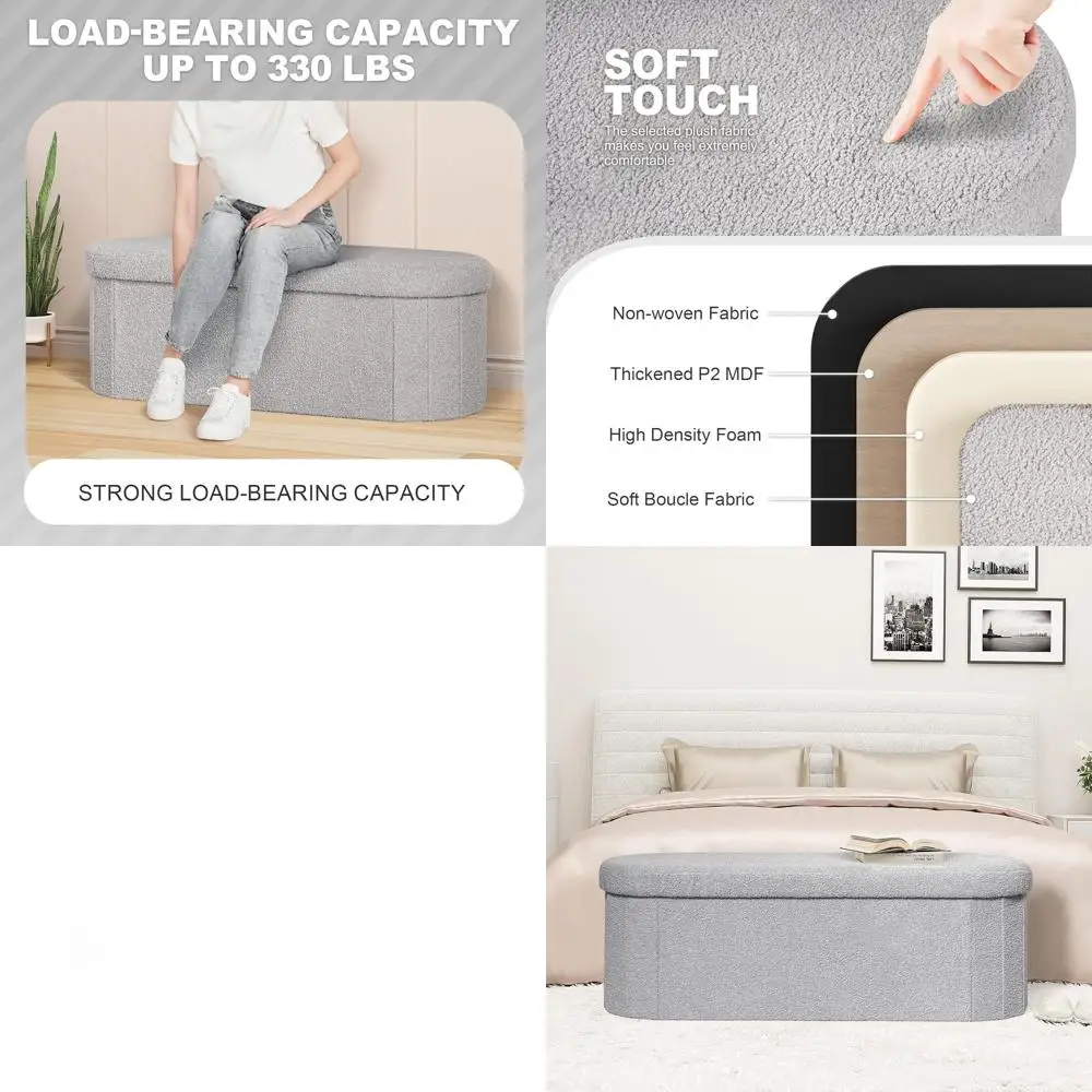 

Grey Velvet Storage Ottoman Bench with Folding Feature, 43x15x15, Footrest and Chest Box