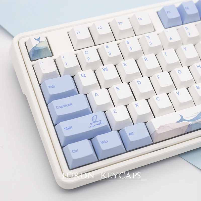 

129 Keys Ocean Wave Theme PBT Keycaps For Gaming Mechanical keyboard DYE-Sublimation Cherry Profile Blue White keycap custom DIY