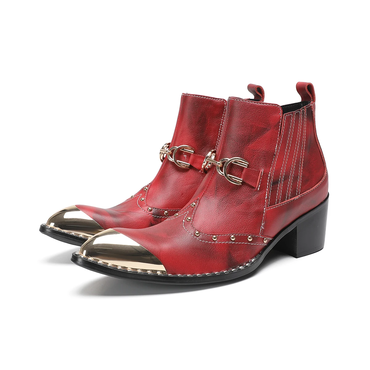 

Botas модные красные мужские ботильоны из натуральной кожи, вечерние модельные туфли большого размера с заклепками, мужские мотоциклетные короткие ботинки с острым носком