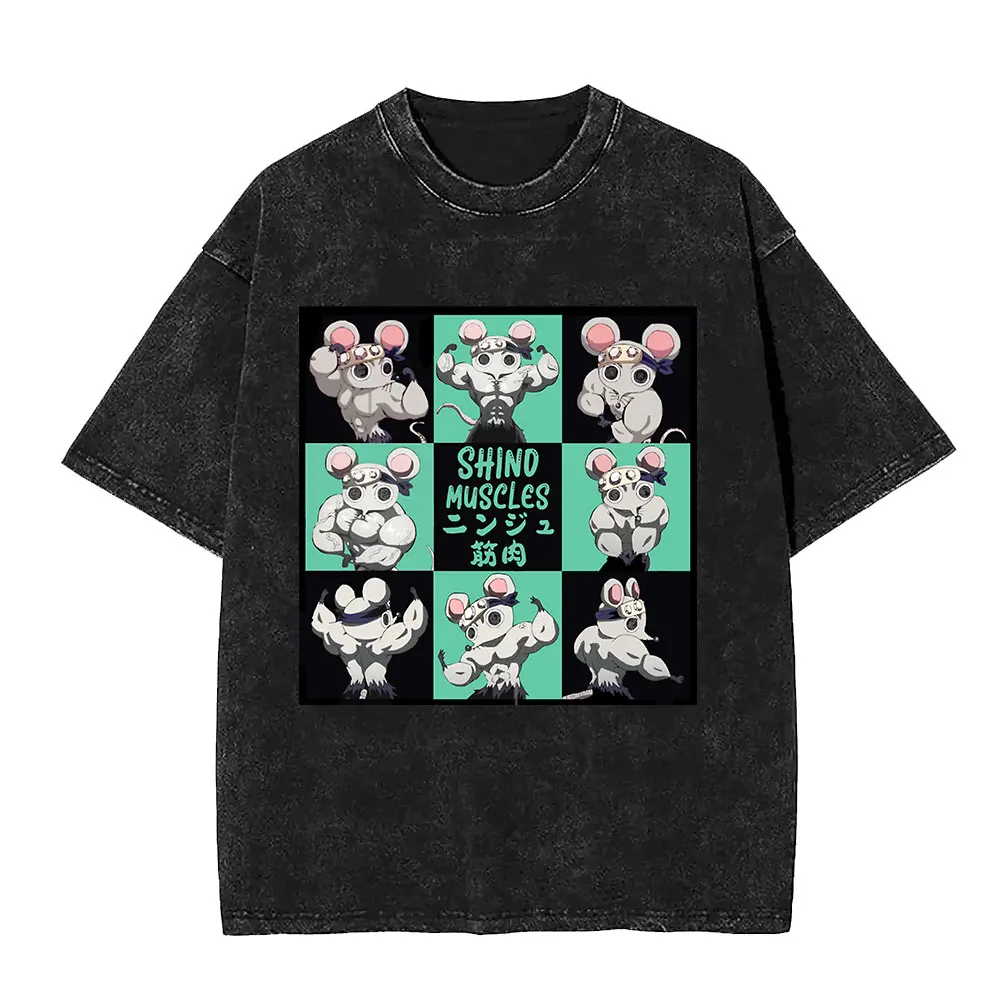 Washed Vintage Ninja Muscular Mouse Gym T-shirt Anime Demon Slayer Uzui Tengen Mice Muki T-shirts Men Women Cotton T Shirts Tops
