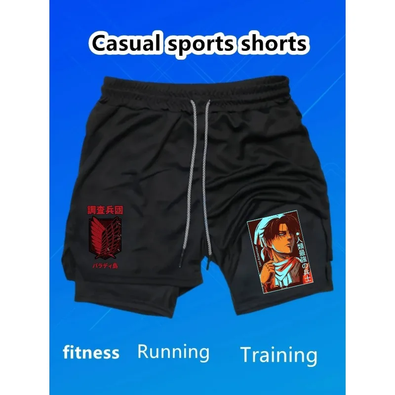 

Levi Ackerman Print 2in1 Running Workout Shorts for Men Gym Performance Shorts with Phone Pocket Towel Loop Athletic Activewear