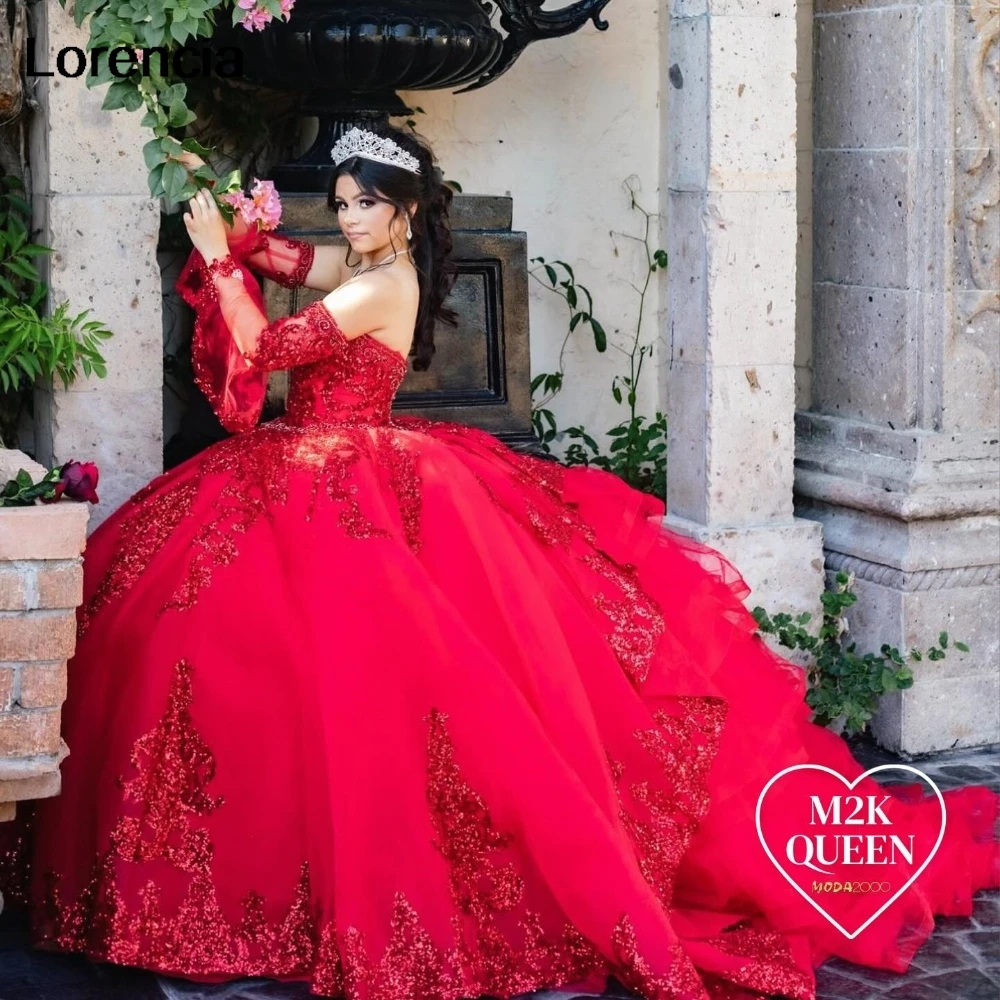 Customized Red Long Sleeve Quinceanera Dress Ball Gown Lace Applique Beading Tiered Corset Sweet 16 Vestidos De 15 Años YQD920