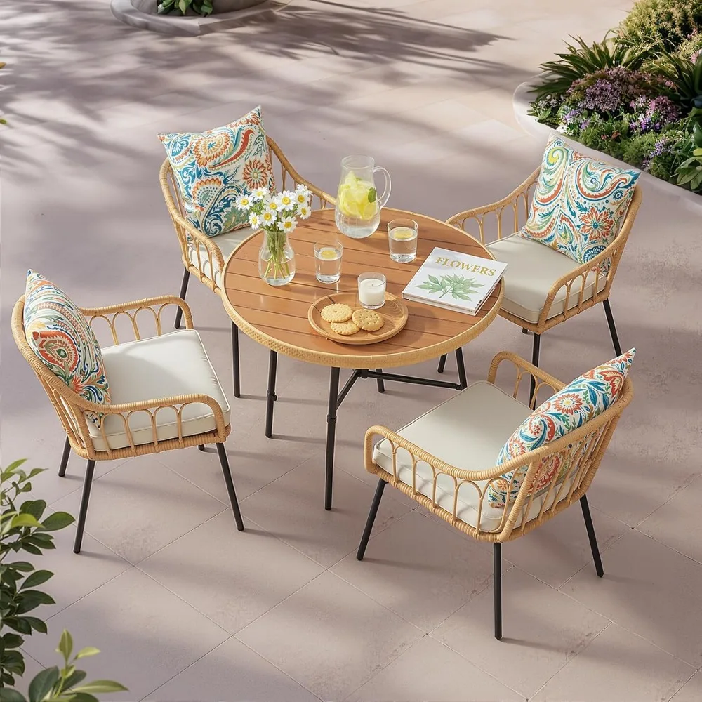 طقم طعام خارجي مكون من 5 قطع: طاولة فناء مستديرة من الخيزران مقاس 35.4 بوصة مع 4 كراسي مقاومة للطقس #2