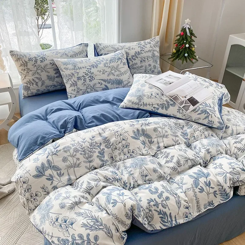 3/4PCS Active Printed Plant Duvet Set, One Duvet Cover + One Bed Sheet +A Pair of Pillowcases  Suitable for The Bedroom