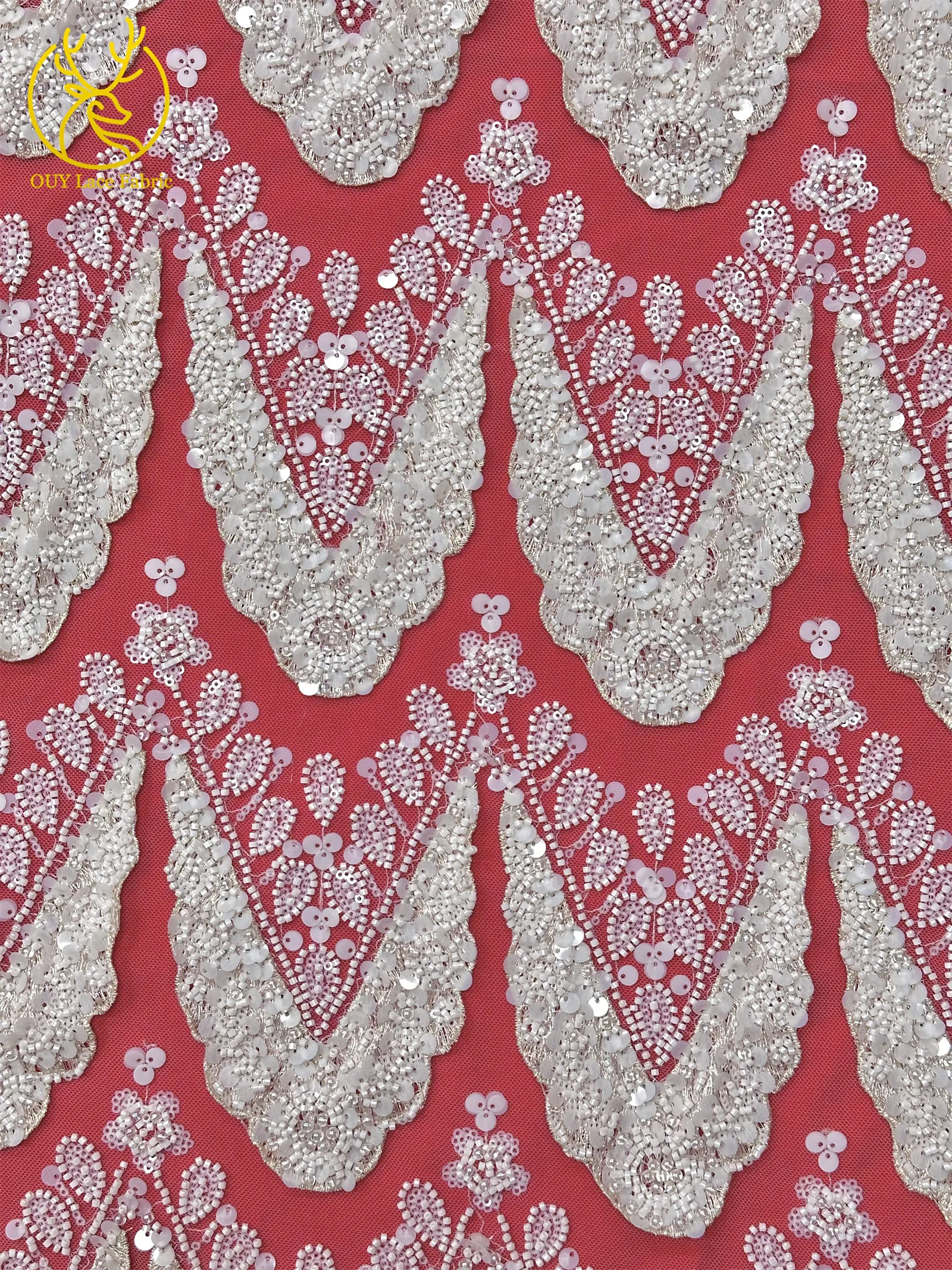 Hochwertiger luxuriöser französischer 3D-handbestickter Perlen-Spitzenstoff, 5 Yards, afrikanischer nigerianischer Pailletten-Spitzenstoff für Braut- und Partykleider – Detail 11