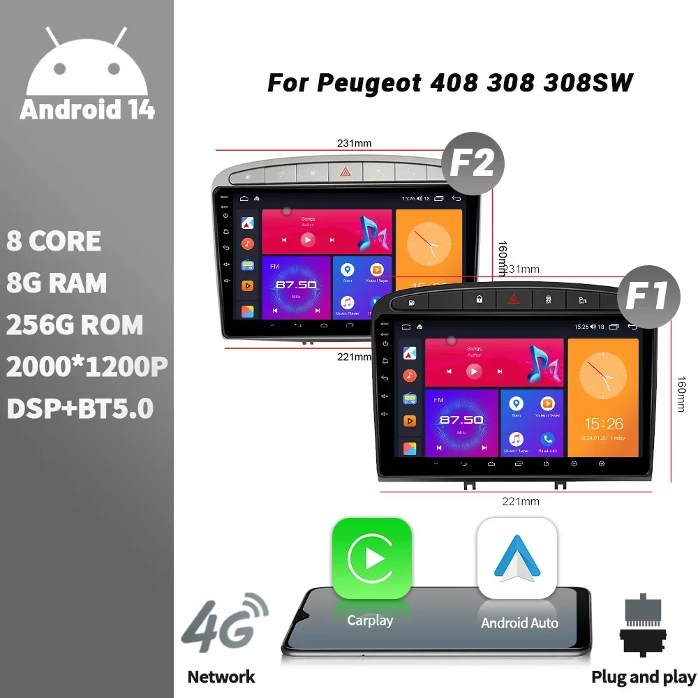 

Wireless CarPlay Stereo Touch Screen Android Bluetooth WIFI Car Radio For Peugeot 408 308 308SW Multimedia Player WIFI 2DIN