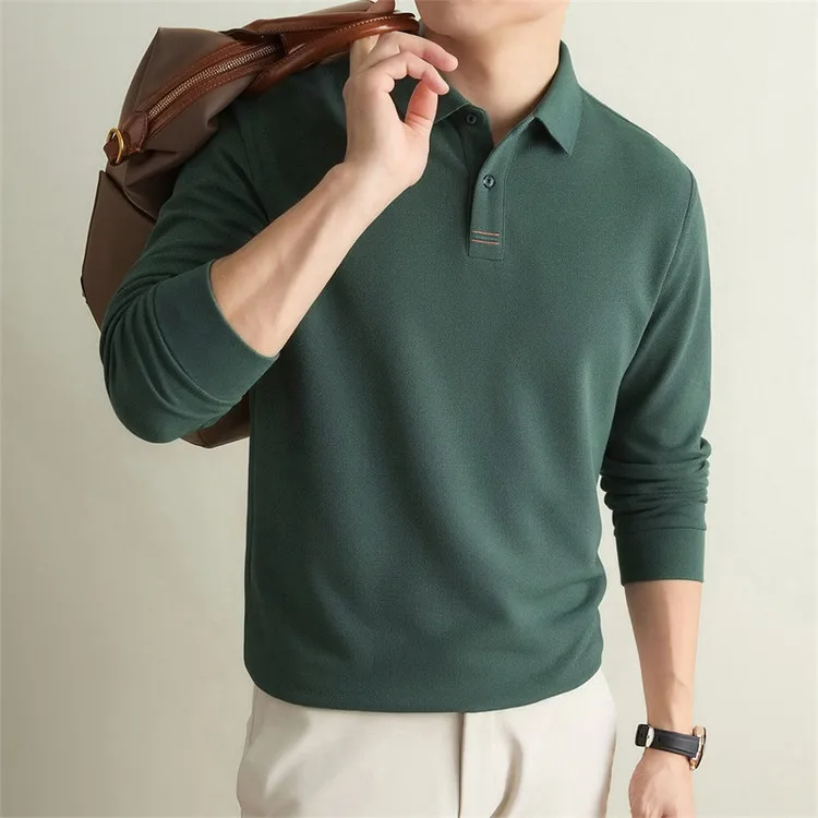 100% Mercerisierte Baumwolle Einfarbiges Business-Casual-Oberteil Herren Old Money Style Langarm-Poloshirt – Detail 25