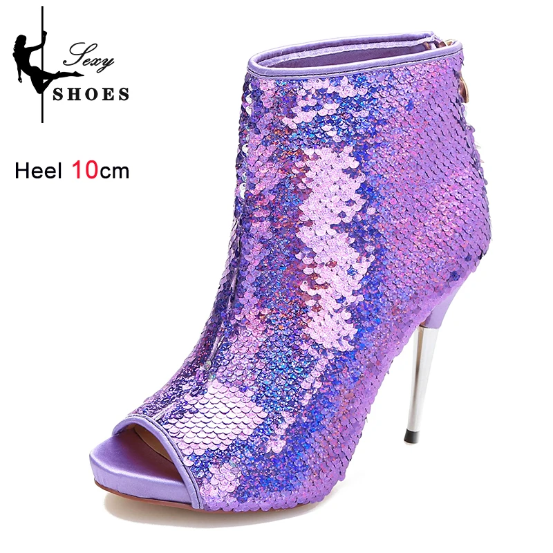 Women Sequin Short Boots 10CM Thin High Heels Sexy Peep Toe Gothic Fetish Ankle Boot Clubwear With Shiny Female Shoes Booties