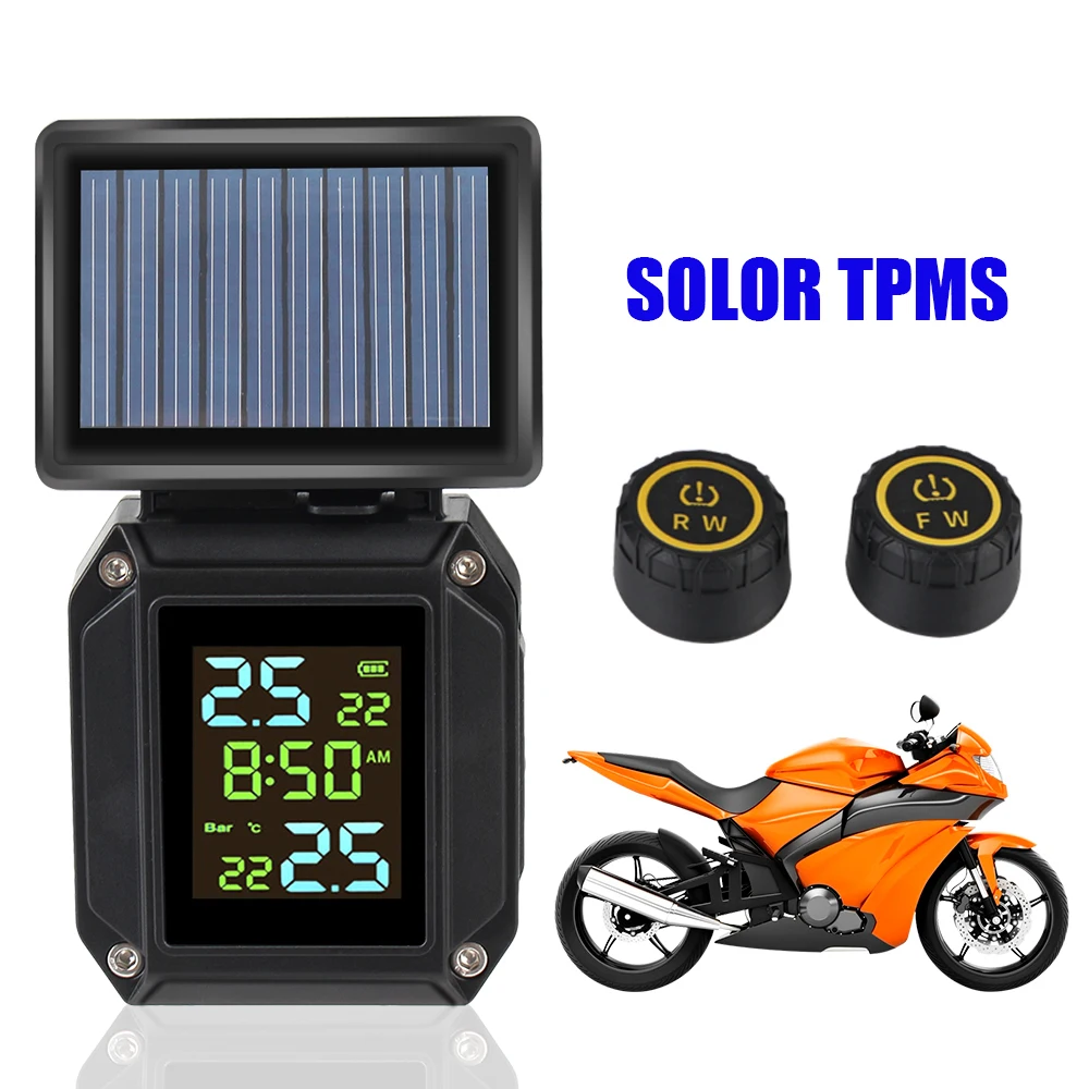 Motorcycle TPMS Wireless Tyre Temperature Alarm LCD Display Tire Pressure Monitoring System Solor USB Charge 2 External Sensors