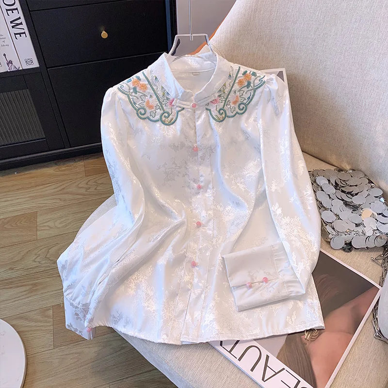 

New Chinese embroidery jacquard China-Chic 2024 spring new versatile retro cloud shoulder spring summer top