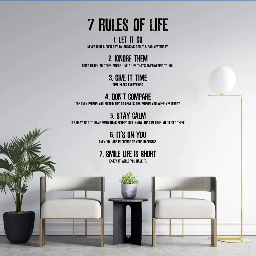7 Rules of Life Positive Word Sayings Wall Stickers Office Inspirational Motivational Wall Decals Living Room Classroom Bathroom