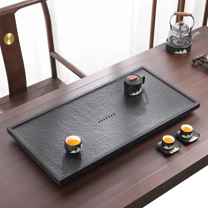 ^Black Luxury Tea Tray Stone Decorative Office Pot Chinese Kitchen Long Rectangle Tea Tray Living Room Bandejas Home Decorationg view 6