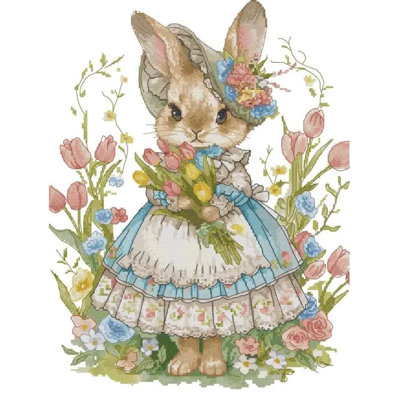 Tulips and Rabbits Cartoon Animal Patterns Cross Stitch Embroidery 14 16 11ct Canvas Printed Fabric Needle and Thread Sewing Set