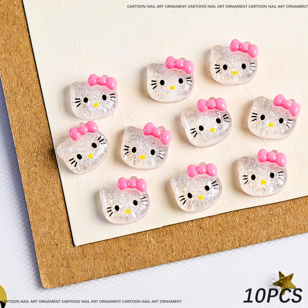 10 stuks Sanrio Sparkle Glitter Hello Kitty Nail Charms Ijs-Transparant Roze 10*11mm Kawaii Hello Kitty Nail Decor DIY Shiny Kitty